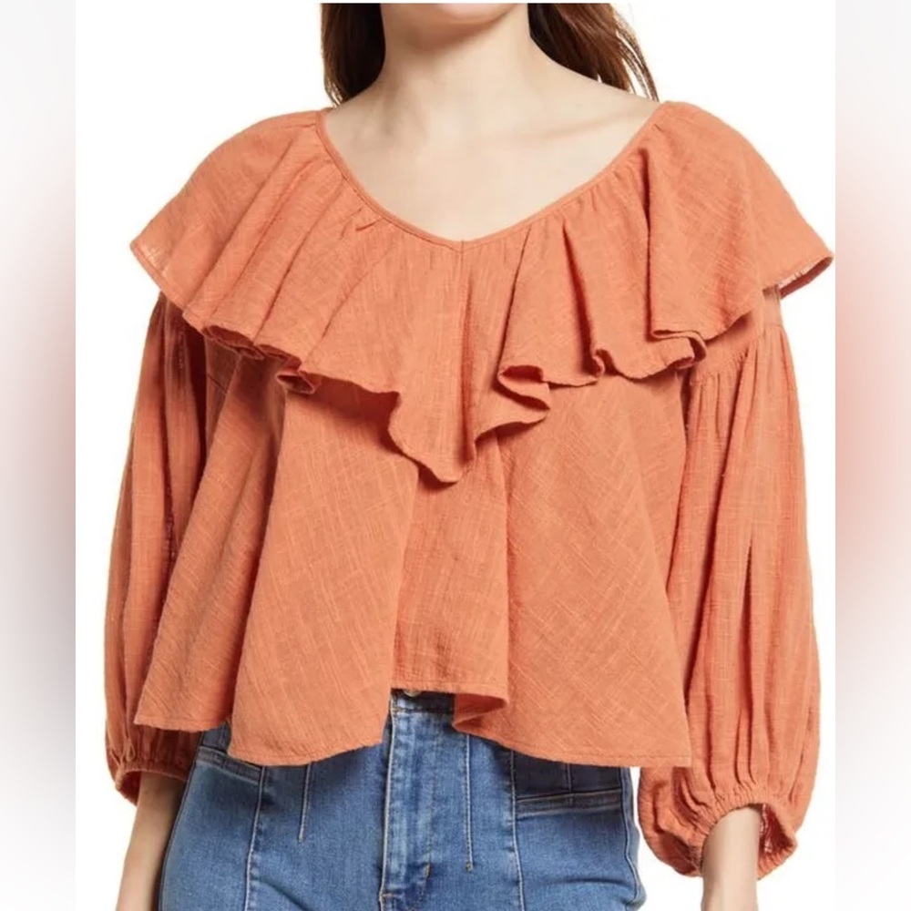 Free People Boho Orange Ginger Spice Ruffle Open Back Blouse Size XS